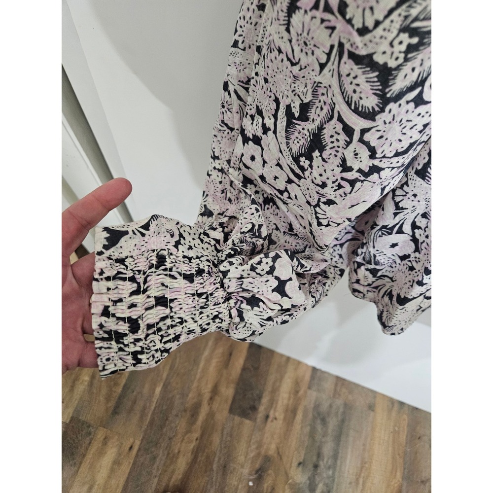 Anthropologie Floral Button Down Blouse Pink Black Pom Pom Trim Cotton 2X - Picture 6 of 10